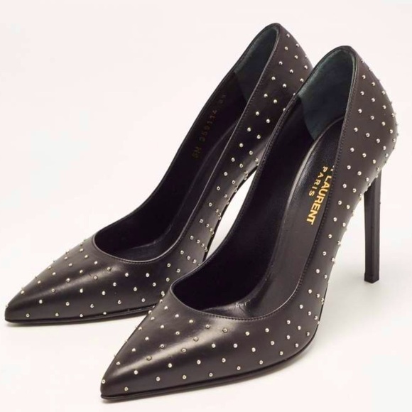 SAINT LAURENT YSL  Black Studded Leather Pointed Toe Pumps - Picture 1 of 15